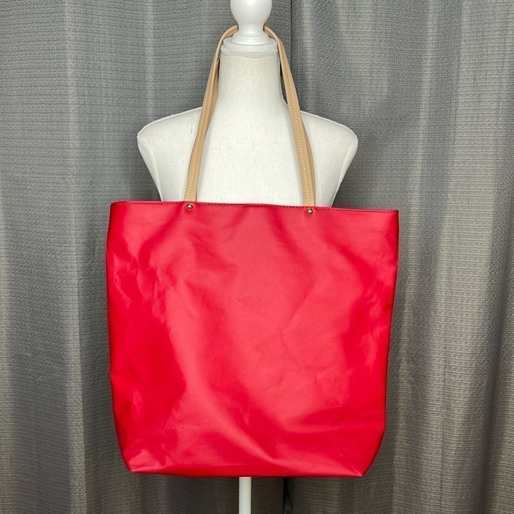 CHARMING CHARLIE RED AND TAN BUCKET TOTE